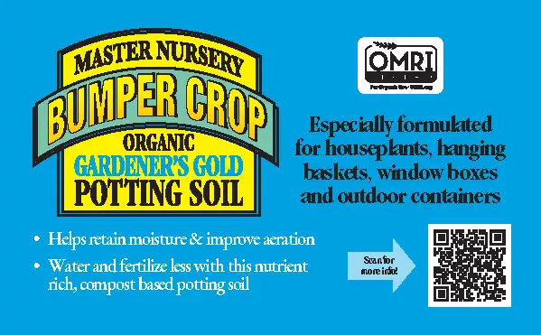 BUMPER CROP Gardener's Gold Potting Soil Shelf Talker 5" × 3" - 0.125" bleed